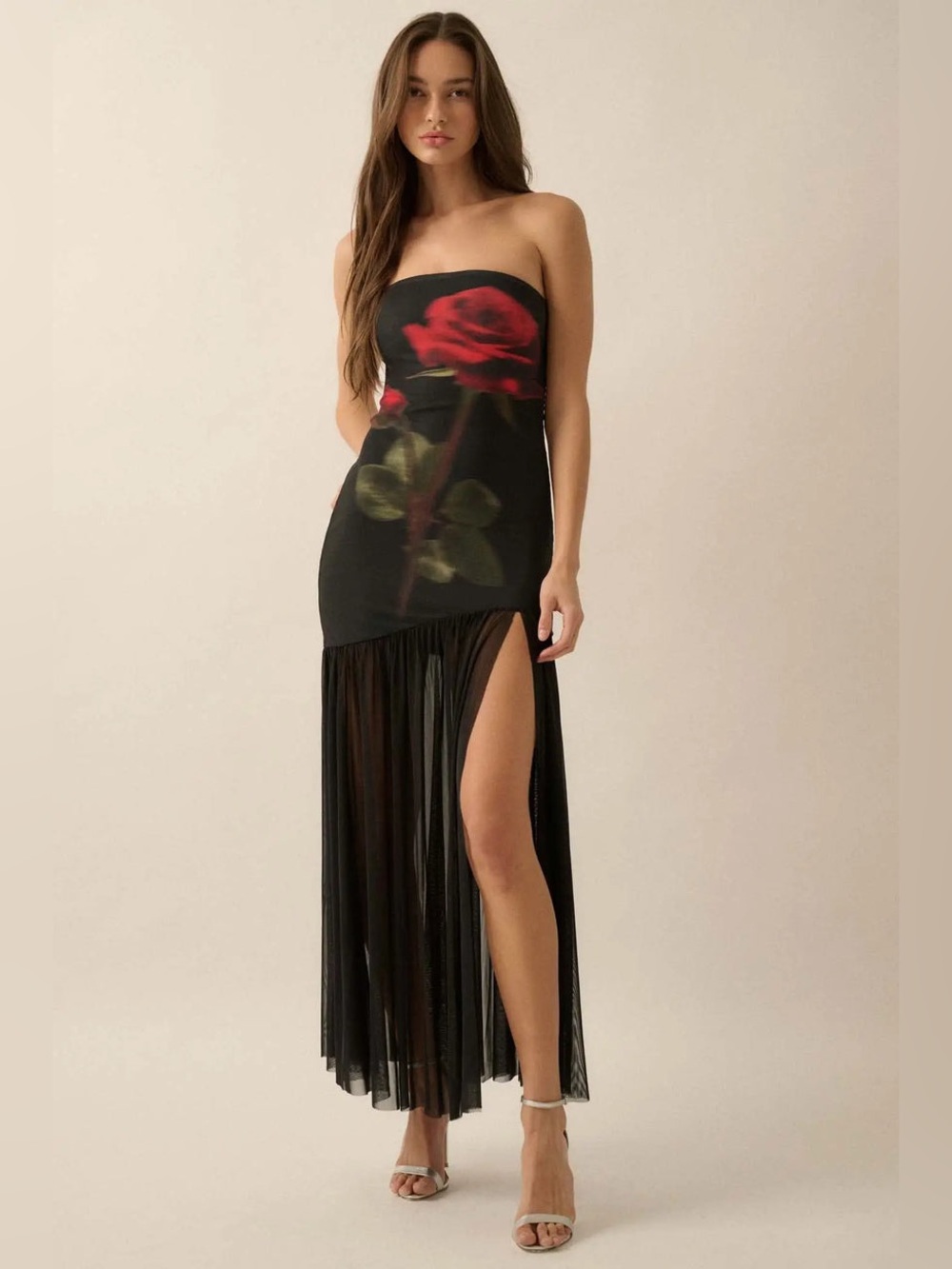 Promesa Rose Tattoo Printed Mesh Strapless Maxi Dress in Black